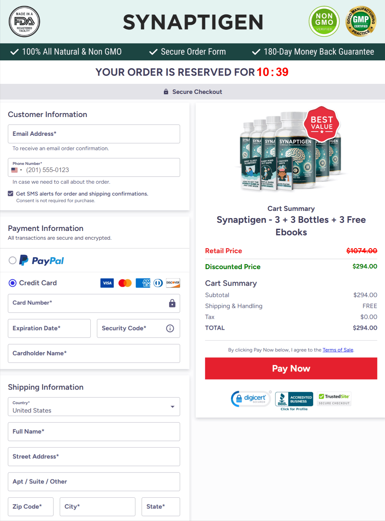 Synaptigen Checkout page